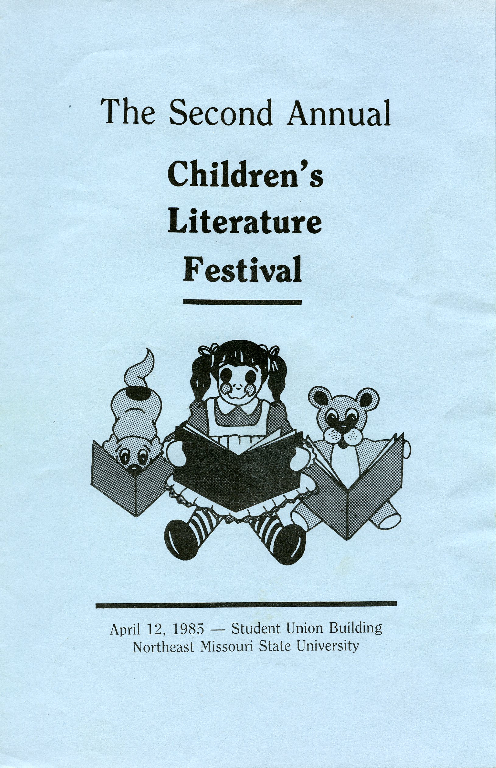 1985 brochure with reading dog, doll, and teddy bear