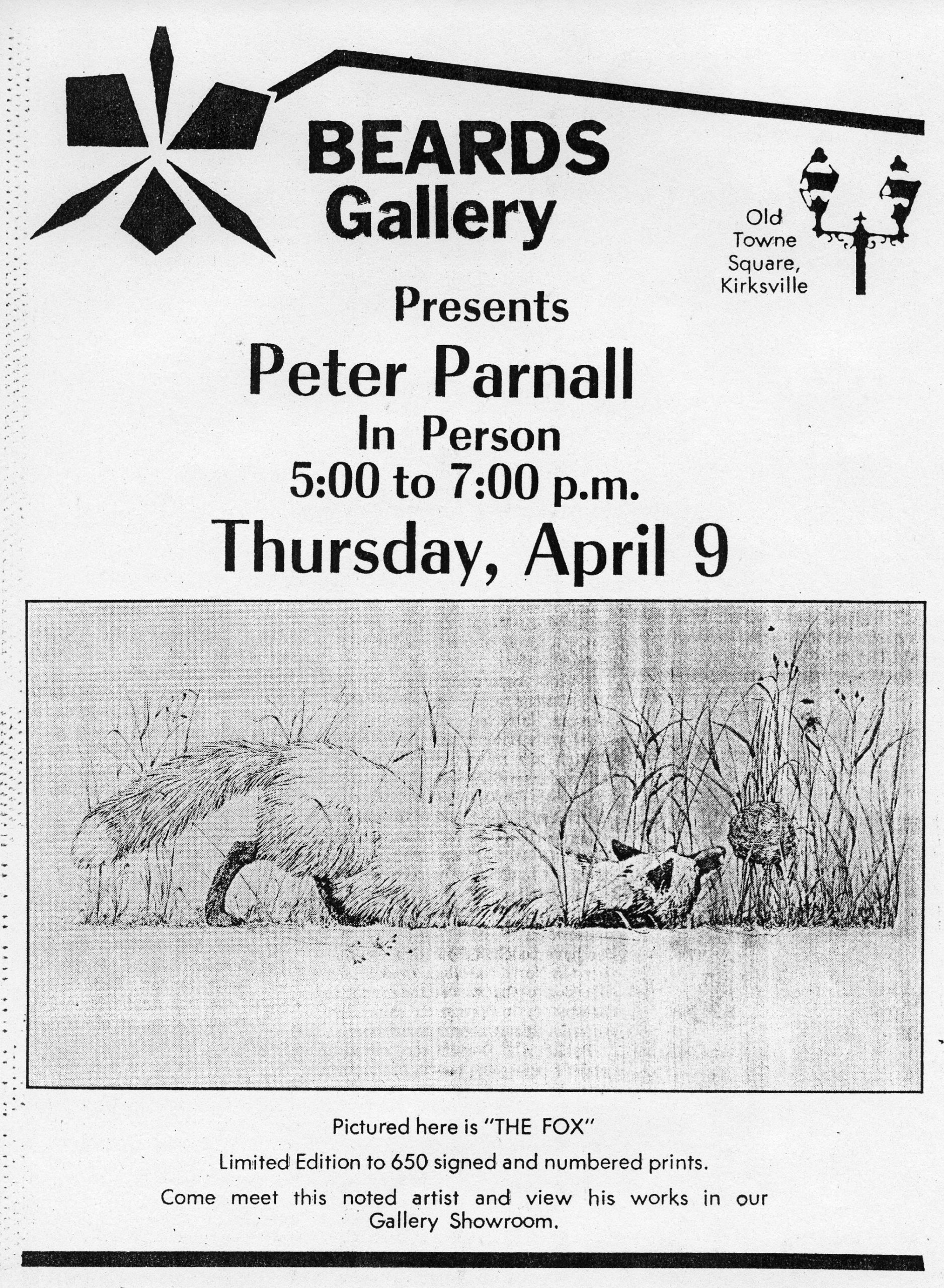 Beards Gallery ad for Peter Parnall with fox illustration
