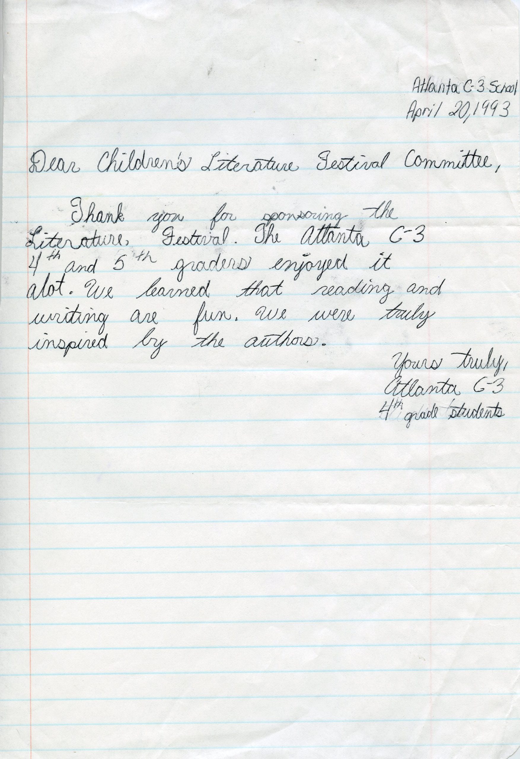 1993 handwritten thank-you letter from Atlanta class C-3