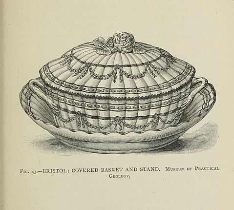 Illustration of decorative covered basket and stand.
