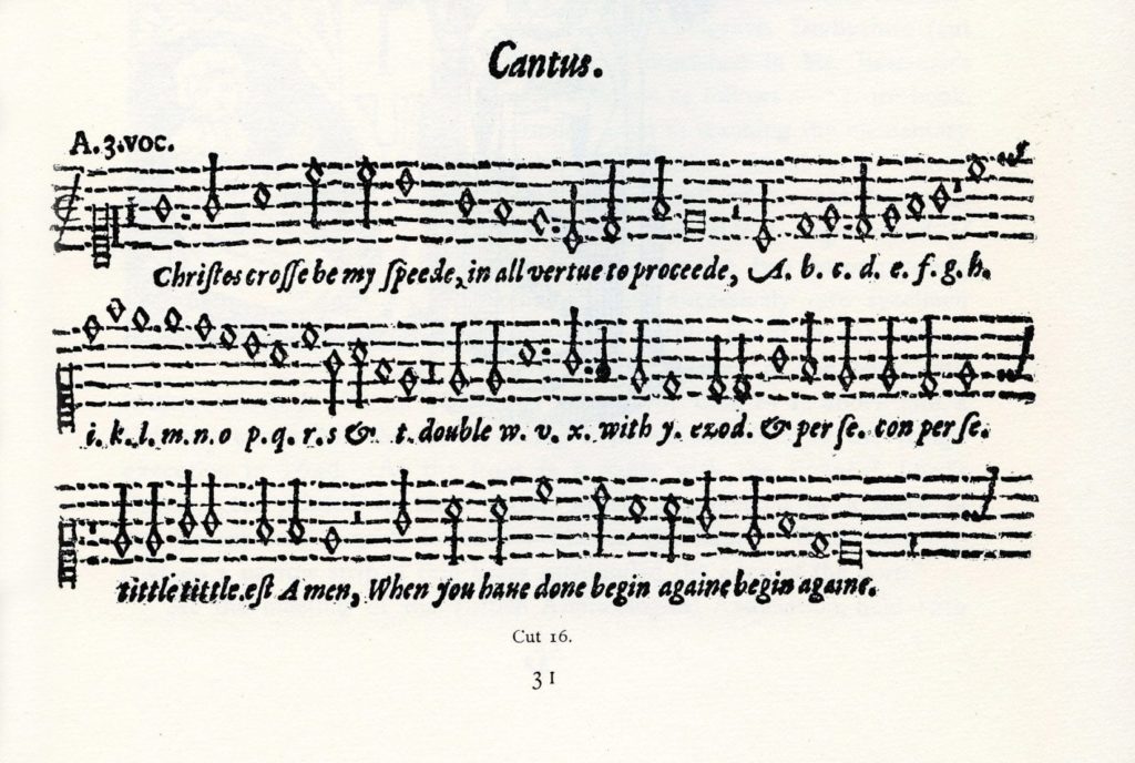 Cantus sheet music with lyrics "Christ's crosse be my speede, in all virtue to proeede..."