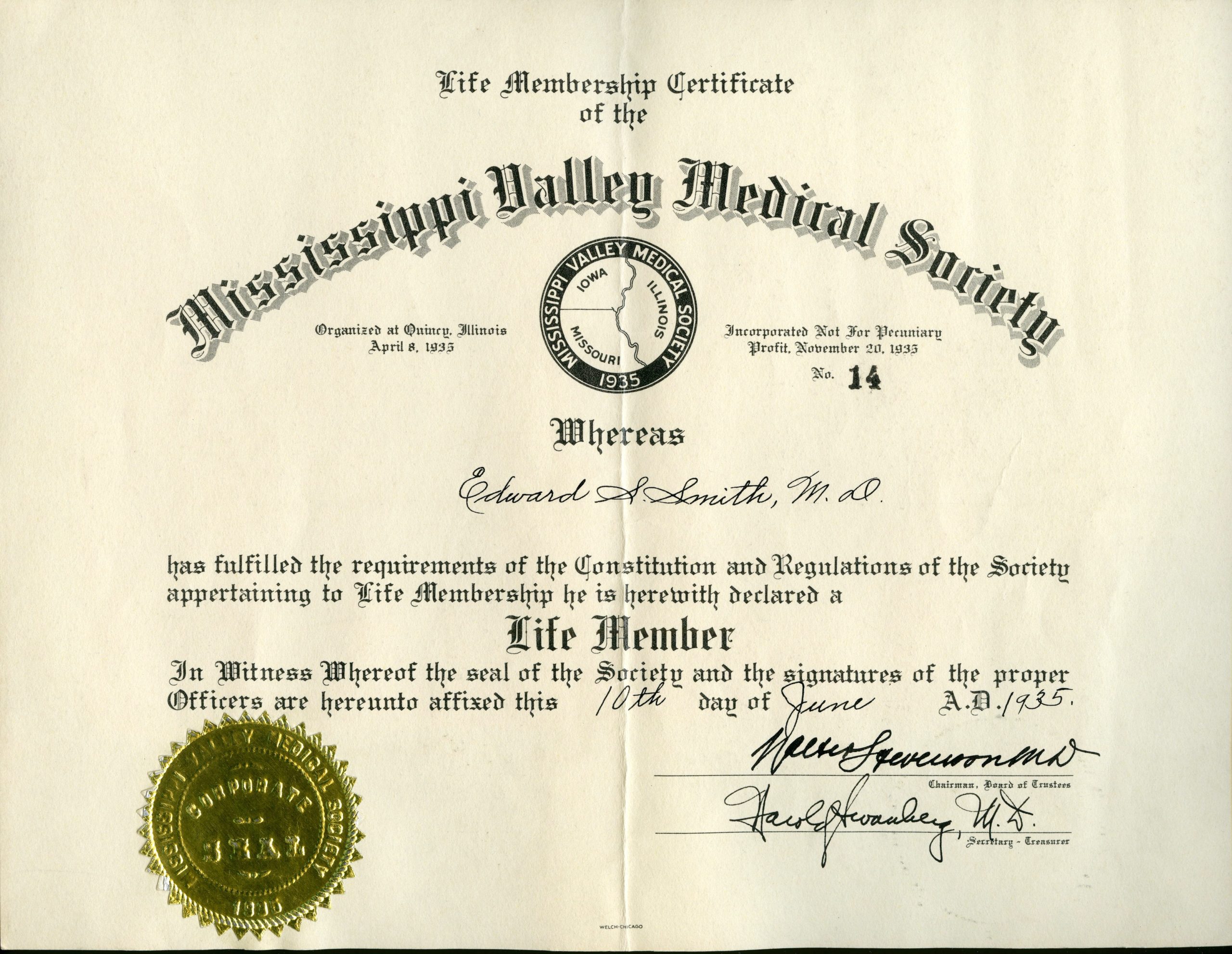 Medical Society certificate.