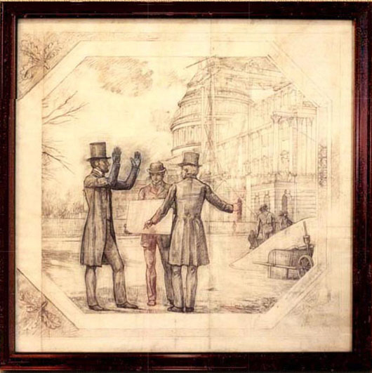Black and white illustration of Abraham Lincoln motioning to two men holding something in front of the construction of the top of the White House dome. The artwork has a darker wooden frame.