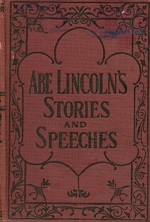 Red book cover with black illustrative elements on the edges, leading into the center that says "Abe Lincoln's Stories and Speeches."